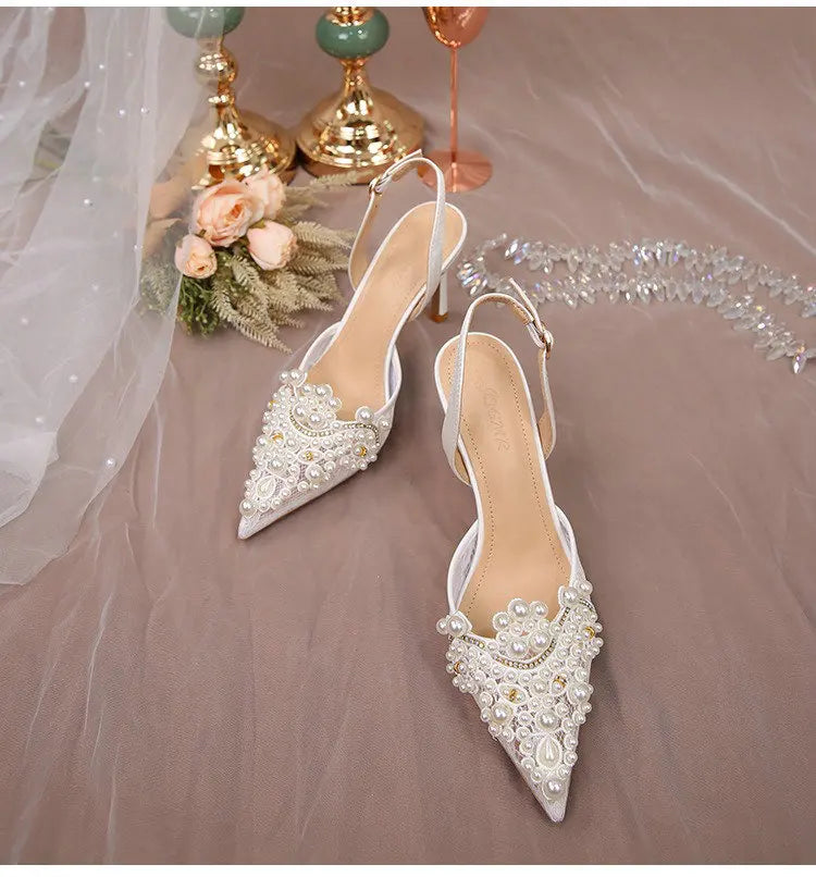 2025 White Wedding Shoes Bridesmaid Shoes Women's Lace Shoes Fashion High Heels Pearl Pumps