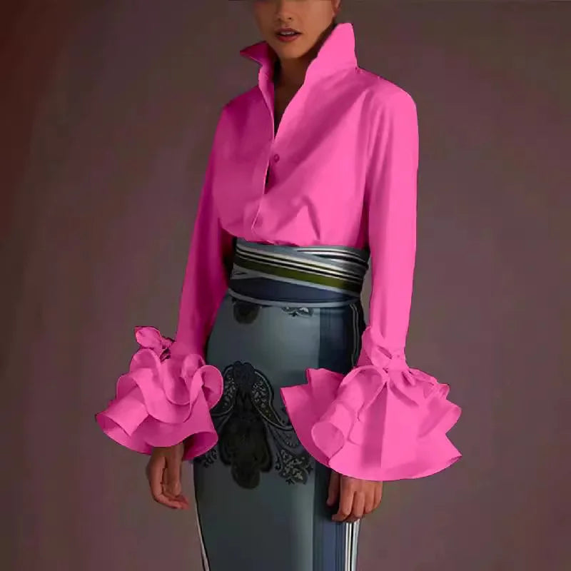 2025 New Autumn Elegant Flared Sleeves Blouses Fashion Bow-Embellished Falbala Solid Color Lapel Shirts Tops For Women