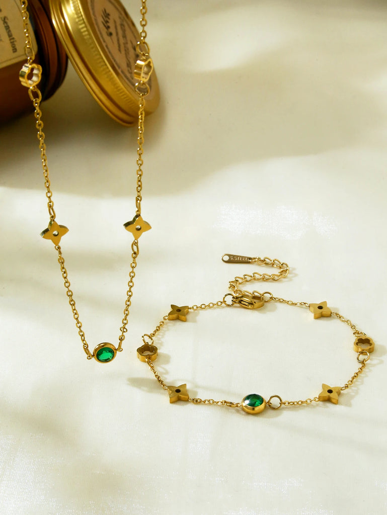 1 piece 18k gold plated fashion light luxury stainless steel lucky flower inlaid green zirconia necklace bracelet ladies jewelry