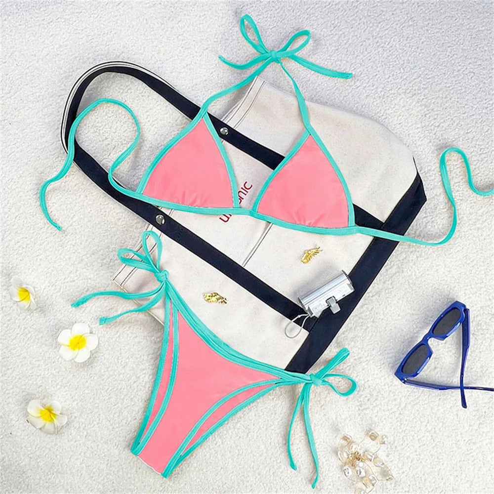 Women’s Vintage Blue Triangle Bikini – Border String Push‑Up Backless Extreme Swimsuit Beach Set