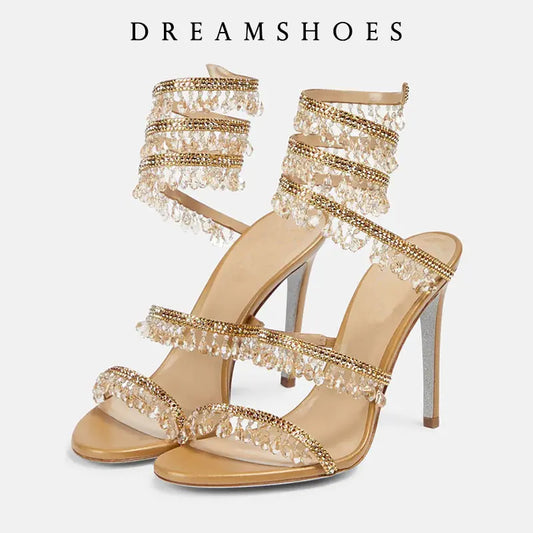 2025 Spring/Summer New Water Diamond Jewel Wrist Wrapped Snake-shaped High Heel Sandals Sexy Large Size Shoe Girl Women Sandals
