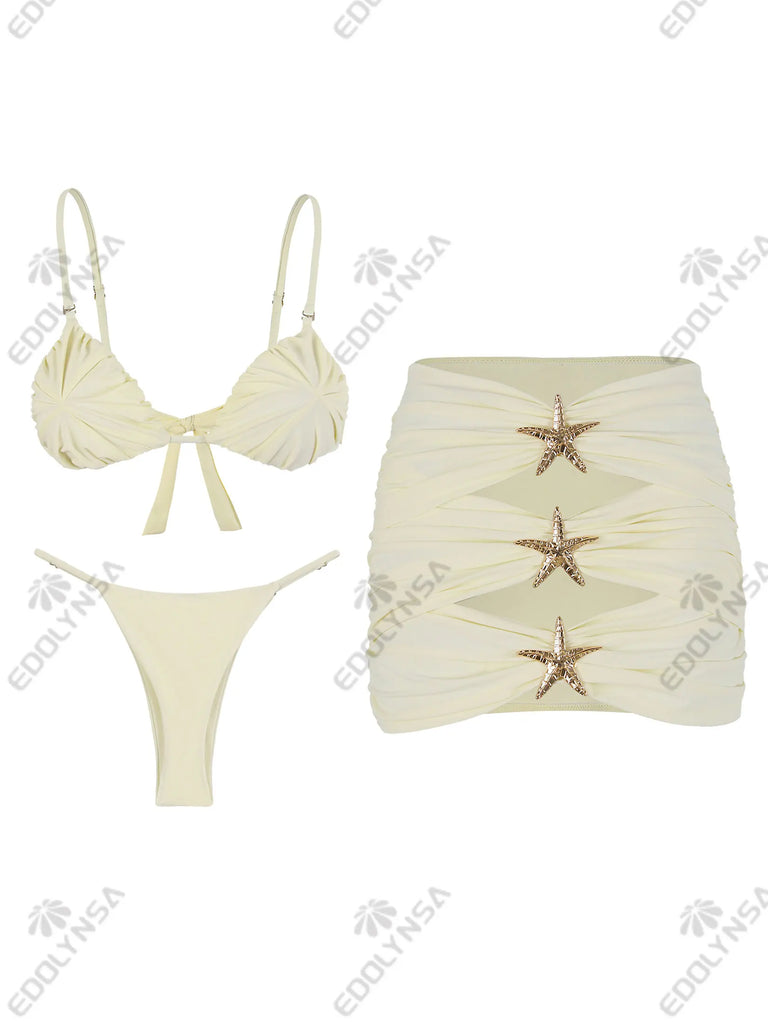 3 Piece Bikini Sets Ruffle Swimwear with Mini Skirt Cover up Female Brazilian Biquini Monokini Beachwear Push up Swimsuits K161