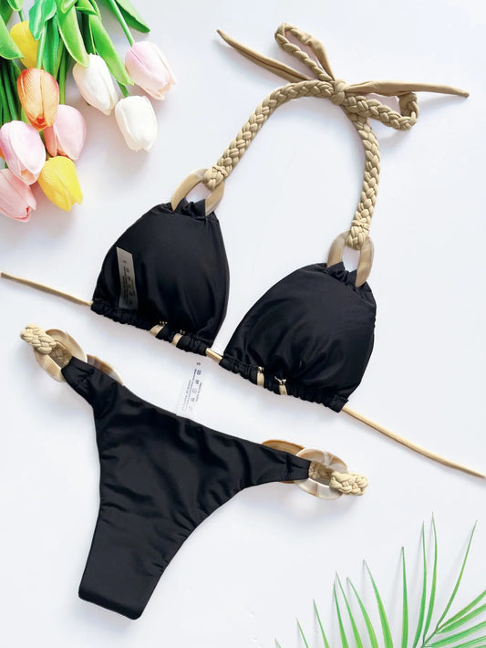 Weave triangle swimsuit lady biquinis Brazilian women bikini ring sexy bathing suit 2025 two pieces suits Halter micro swimwear