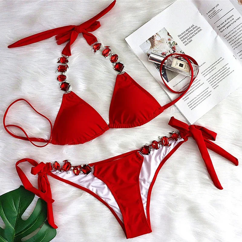 Women’s 2026 Rhinestone Diamond Bikini – Halter Chain Two‑Piece Swimsuit, Sexy Shiny Brazilian Swimwear