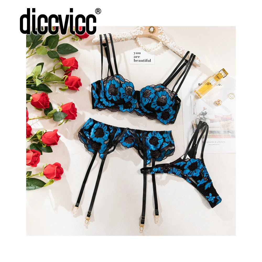 Diccvicc Floral Embroidery Mesh Lingerie Set