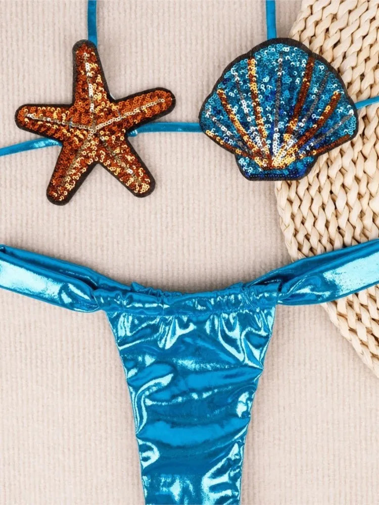 2025 New Sexy Low Waisted Bikini Set Swimsuit Starfish Swimwear Women Solid Strappy Beachwear Bathing Suits Brazilian Biquini