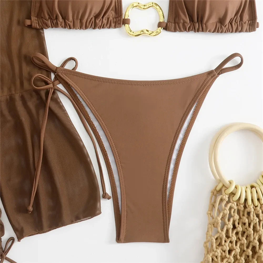 Women’s Brown Halter String Triangle Bikini Set — 4‑Piece Mesh Smock Cover‑Up Swimwear with Metal Ring Details