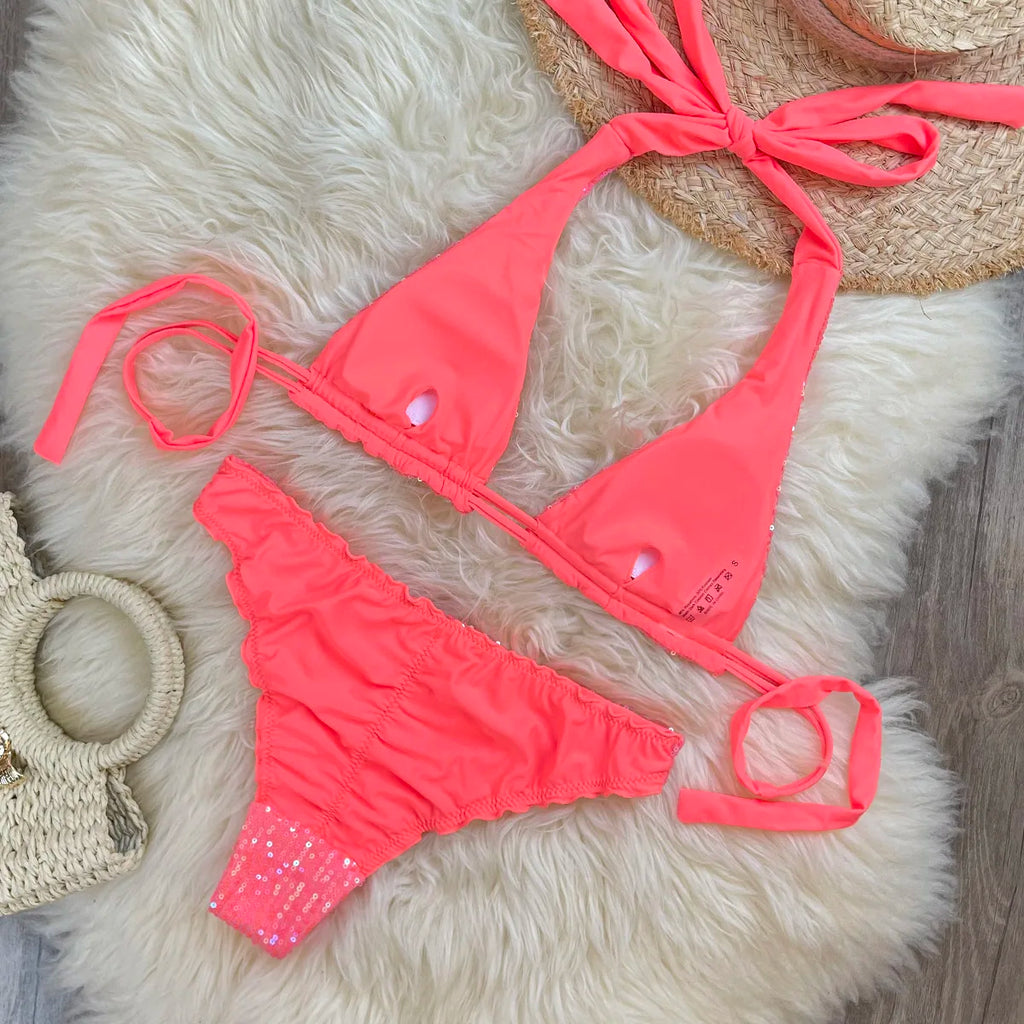 Melphieer Sequins Sparkle Bikini Set — Strappy Bandage Ruching Bum Two‑Piece Swimsuit for Beach, Pool & Holiday Outfits