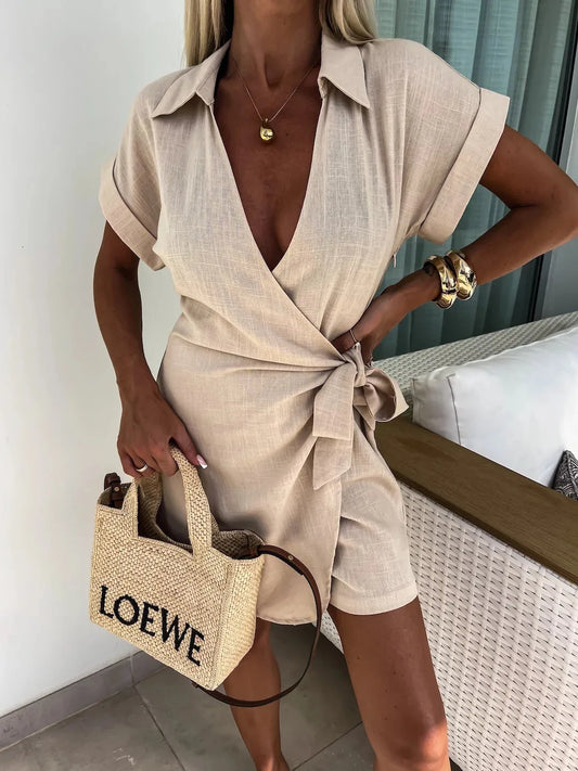 Autumn Romper for Women Jumpsuit Print Pocket Romper V Neck Cotton Linen Loose Wide Legs Casual Pants Streetwear Spring 2025