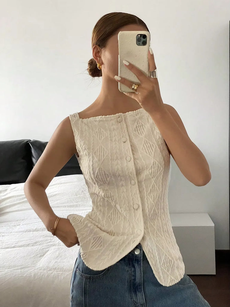 Women’s Sleeveless Geometric‑Texture Single‑Breasted Shirt – Casual Summer Minimalist Top