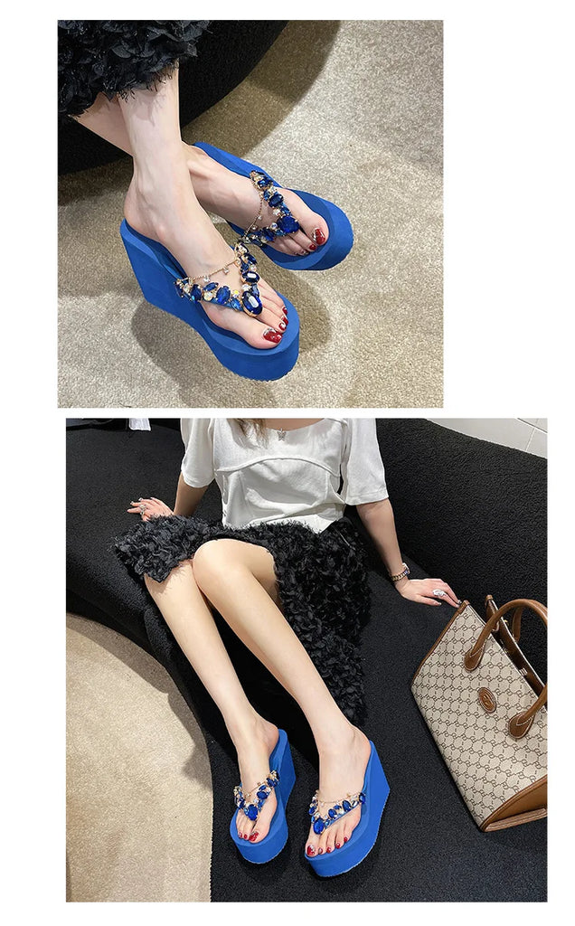 Women’s High Heeled Flip Flops — Diamond Slope Heel Slippers Elegant Beach Sandals