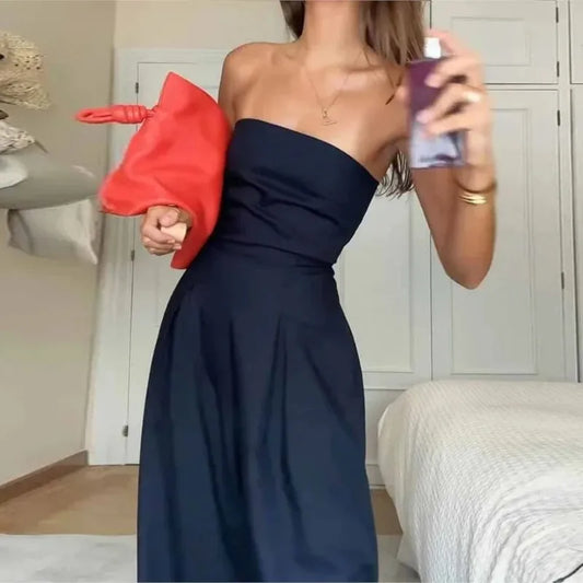 Women's New Jumpsuit Summer Tube Tops Sleeveless Navy Blue Strapless Wide-Leg Pants Loose Romper Casual High Streetwear Jumpsuit
