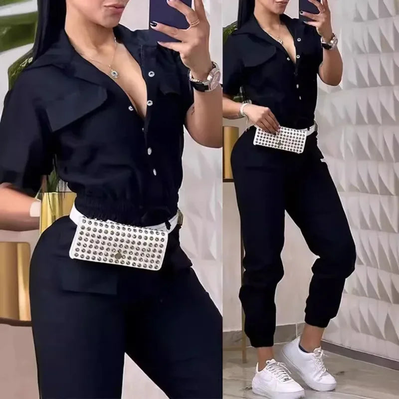 Spring Summer New Women's Clothing Solid Color Casual Multi-Pocket Waist Elastic Cargo Overalls Jumpsuit Playsuit Pants