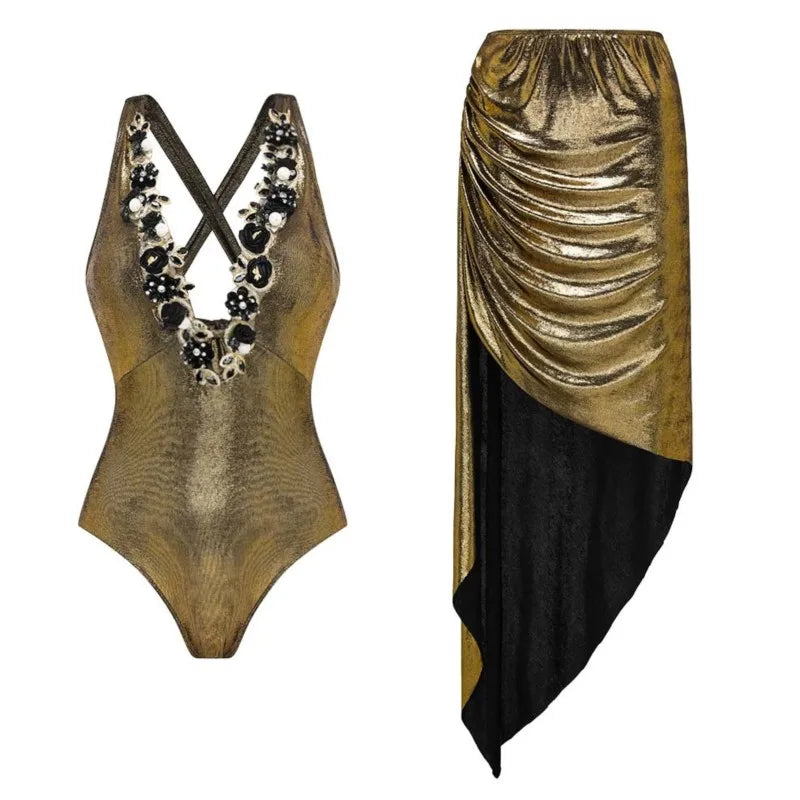 Women’s Printed Ruffle Splice Bikini Bodysuit with Skirt — Summer Beach Cover‑Up Holiday Swimwear Outfit