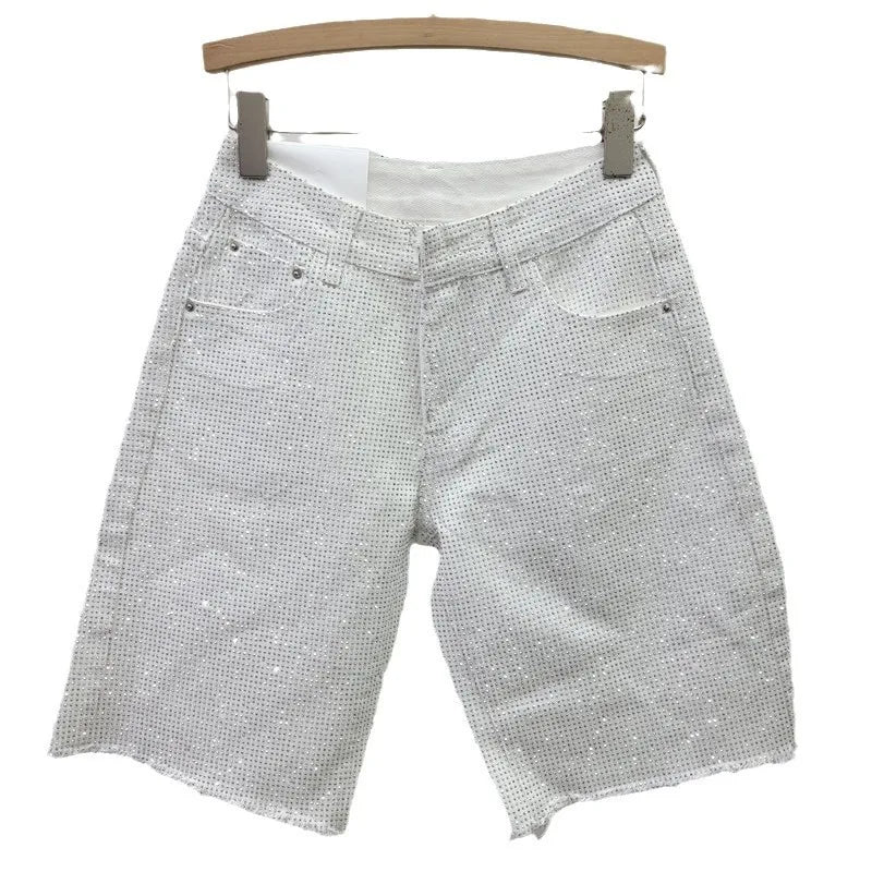 Women Starry Diamonds Denim Shorts Straight Legs Rhinestones Jeans Pants Spring Summer High Waisted Crystal Cowboy Trousers
