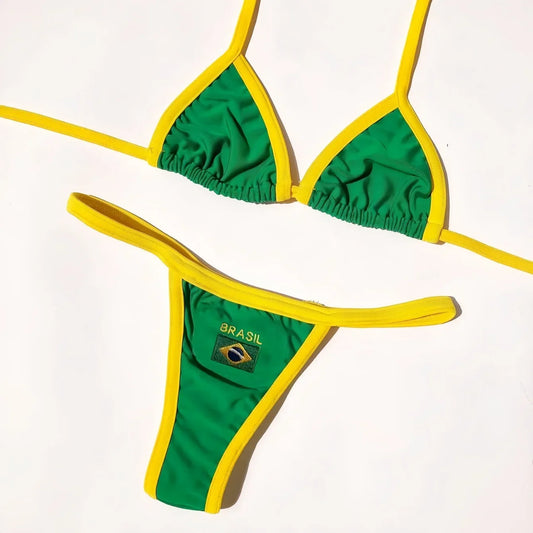 2026 Sexy Embroidery Brasil Flag Contrast Split Bikini Set Women Swimwear Patchwork Swimsuit Hottie Outfit SummerBeachwear