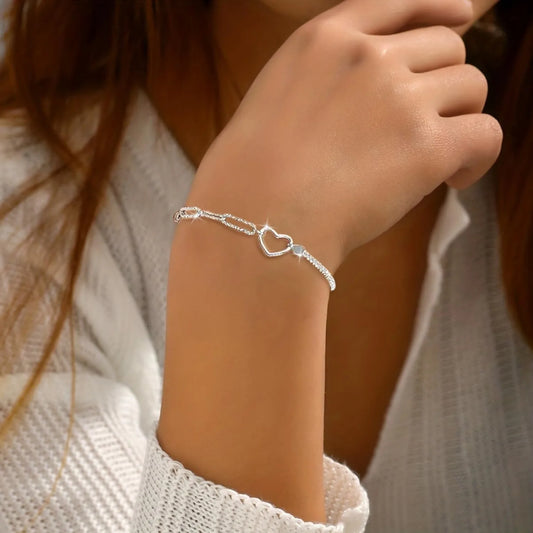 Lucky Star Heart Patchwork Bracelets for Women Ladies 925 Silver Plated Delicate Link Chain Jewelry Gifts Adjustable Bracelet