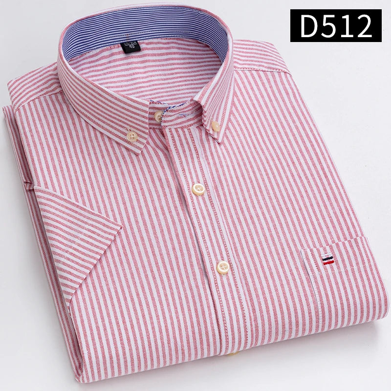Men’s 100% Cotton Oxford Short‑Sleeve Shirt – Breathable Summer Plaid/Striped Business Casual (Regular/Oversized Fit)
