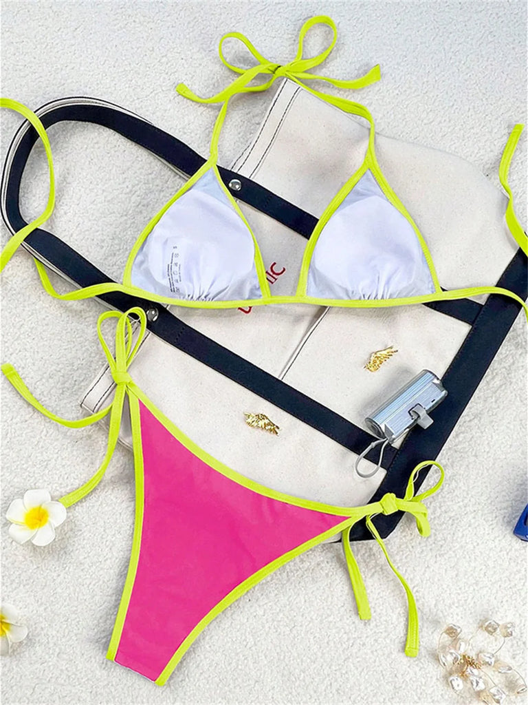 Women’s Vintage Blue Triangle Bikini – Border String Push‑Up Backless Extreme Swimsuit Beach Set