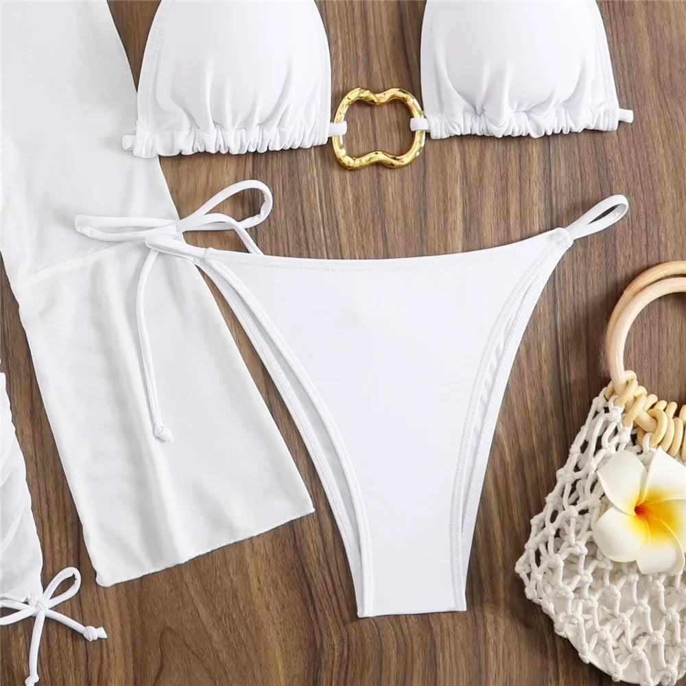 Women’s Brown Halter String Triangle Bikini Set — 4‑Piece Mesh Smock Cover‑Up Swimwear with Metal Ring Details