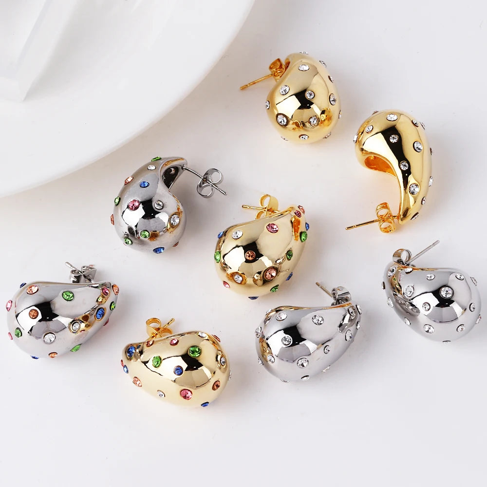 Waterproof 18K PVD Gold Teardrop Stud Earrings — Stainless Steel Inlay Bead Elegant Drop Earrings for Women