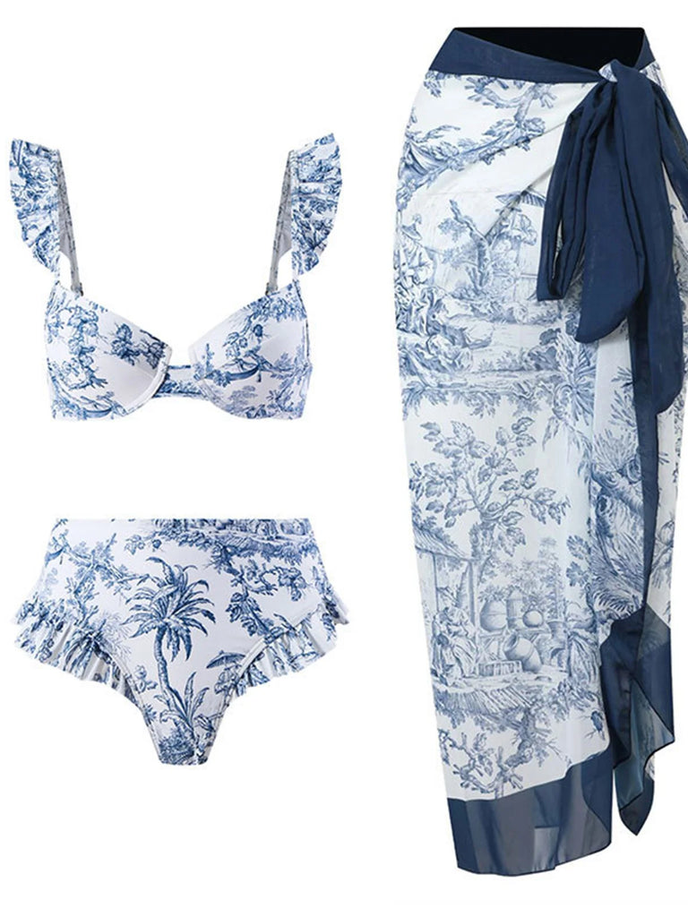 S- XL Printed Underwired Female Swimsuit High Waist Bikini Women Swimwear Three-pieces Bikini set Bather Bathing Suit Swim V4106