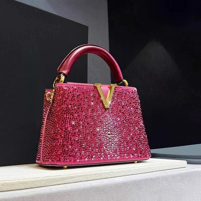 Luxury Brand Leather Diamond Handbag Rhinestone Shoulder Cross-body Tote Bags for Women Bolso Marca Lujo