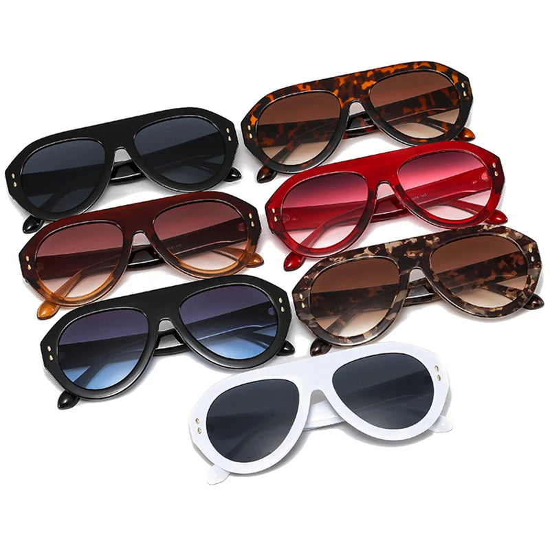 SO&EI Ins Popular Fashion Pilot Sunglasses Women Shades UV400 Retro Rivets Decoration Gradient Trending Men Round Sun Glasses