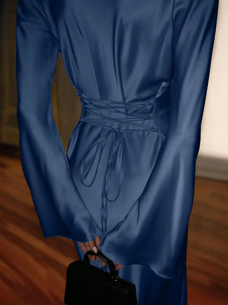 Women’s Bespoke Satin Maxi Dress – Corset Waist Tie, Round Neck & Flared Sleeves | Luxury Evening Gown 2026