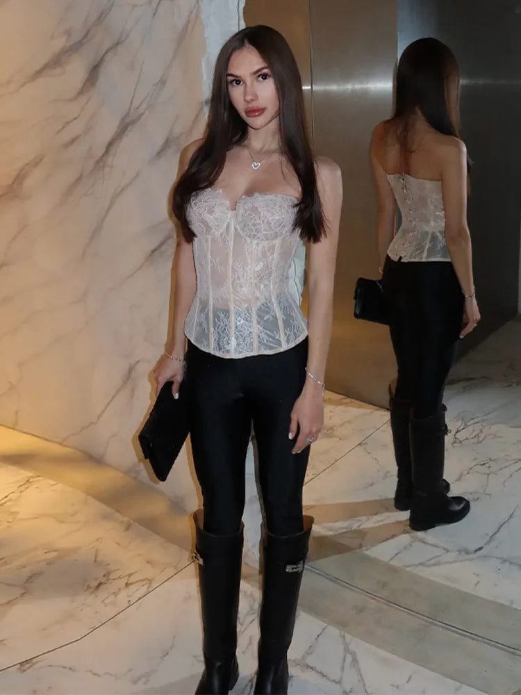 Transparent Lace Fishbone Lace Up Tube Tops Women Sexy Strapless Sleeveless Backless Hollow Out Sheath Top Spring Lady Clubwear