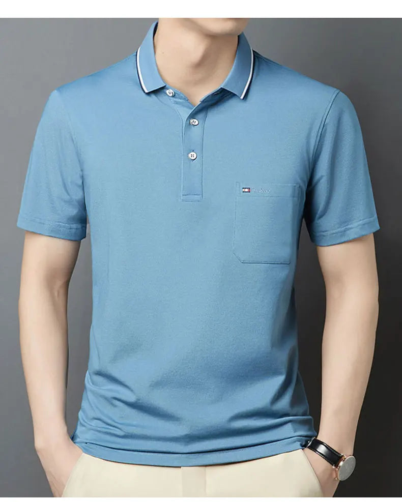 Top Grade Summer Short Sleeve Korean New Fashion Cotton Soft Pure Color Lapel Slim Fit Casual Tops Men's pocket Polo Shirts