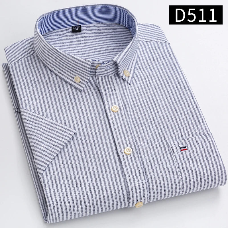 Men’s 100% Cotton Oxford Short‑Sleeve Shirt – Breathable Summer Plaid/Striped Business Casual (Regular/Oversized Fit)