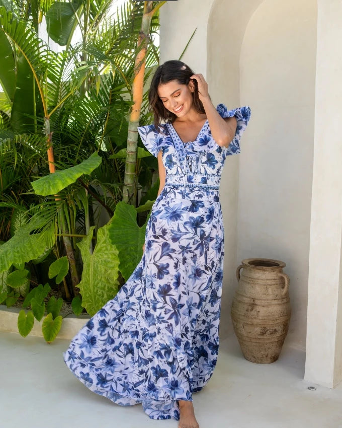 FLAXMAKER Lace‑Up V‑Neck Ruffle Monokini & Sarong
