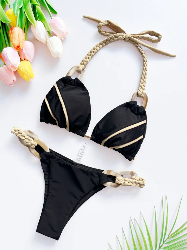 Weave triangle swimsuit lady biquinis Brazilian women bikini ring sexy bathing suit 2025 two pieces suits Halter micro swimwear