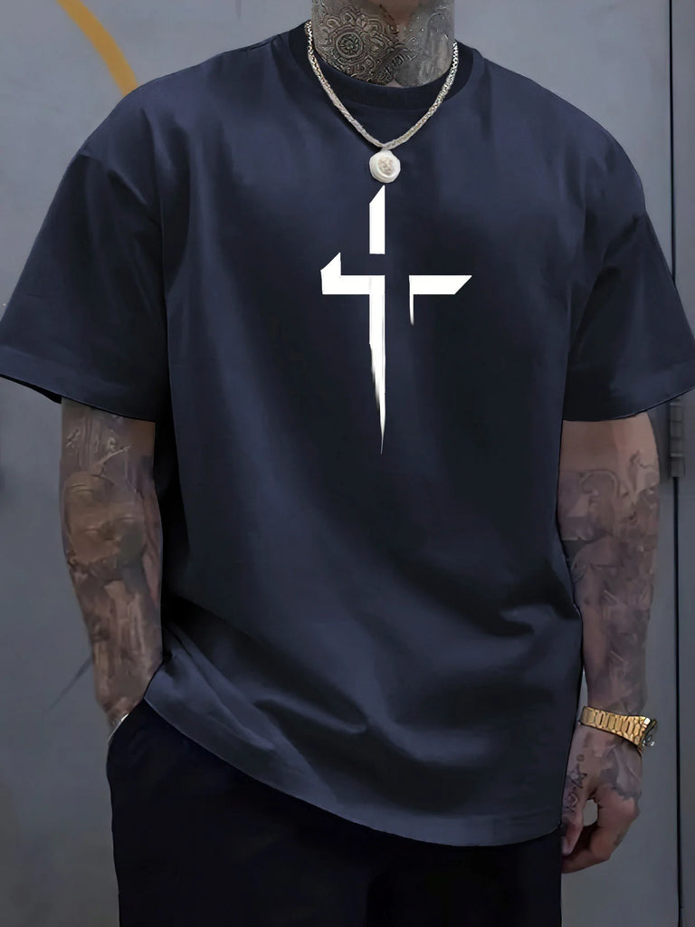 Men’s 100% Cotton Cross‑Print T‑Shirt – Loose Plus‑Size Summer Sports Tee | Comfortable Round‑Neck Casual Top