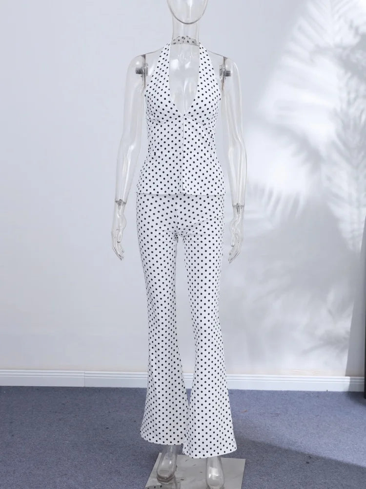 Women’s Retro Polka‑Dot Halter V‑Neck Set