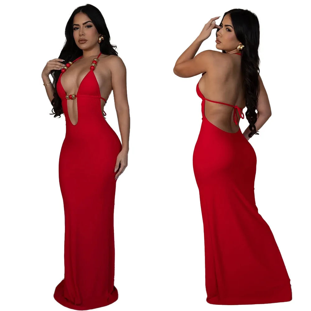 CM.YAYA Women Sleeveless Deep V-neck Halter Long Maxi Dress Summer Backless Beach Sexy Street Evening Night Club Party Dresses