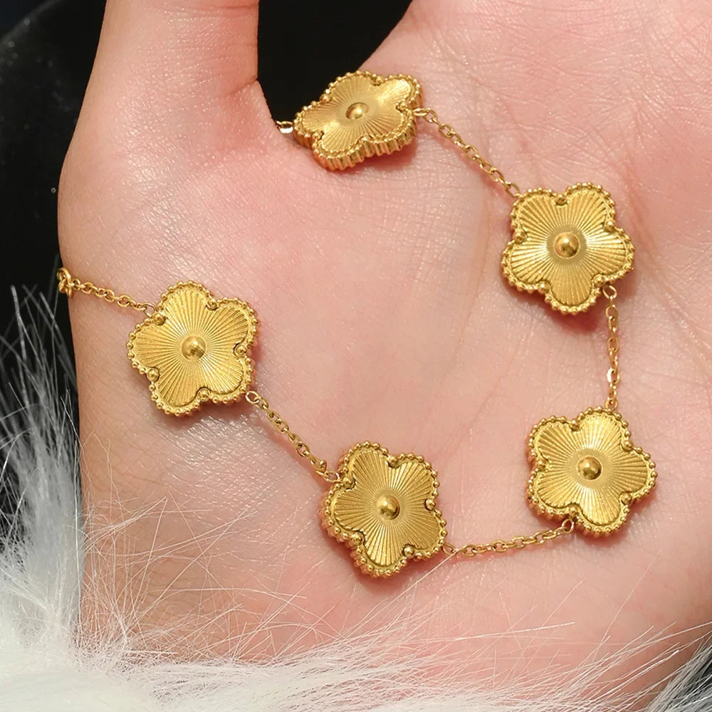 Waterproof Stainless Steel Bangle Lucky Clover Women's Gold Plated Bracelets with Flowers Design Luxury Jewelry Gift