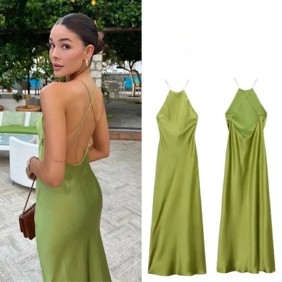 New Spring Summer Women's Maxi Dress Satin Feeling Sleeveless Dress Fashion Style Banquet Sexy Dresses Evening Female Clothing
