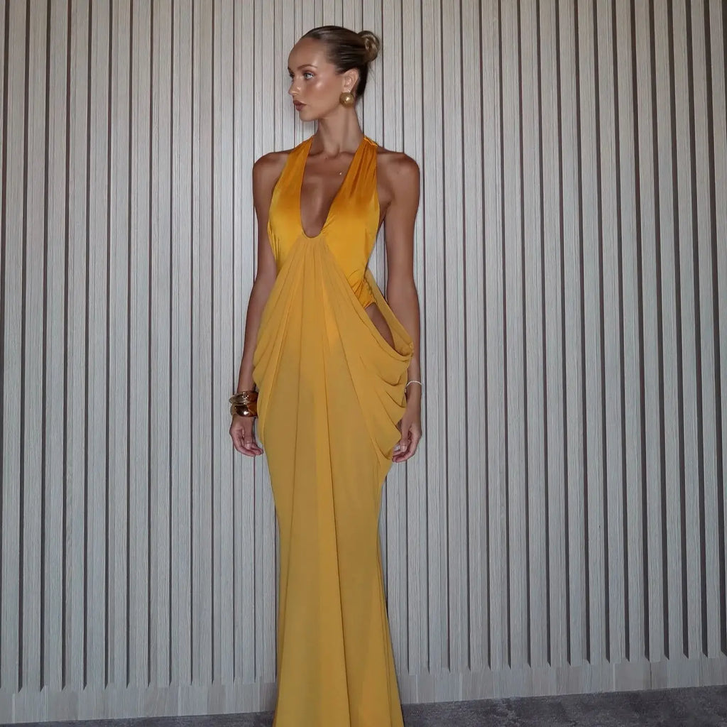Maxi Dress Halter Sleeveless Dress Cut Out Dresses Women Ruffle Mesh Semi Backless Dress Summer Party Evening Female