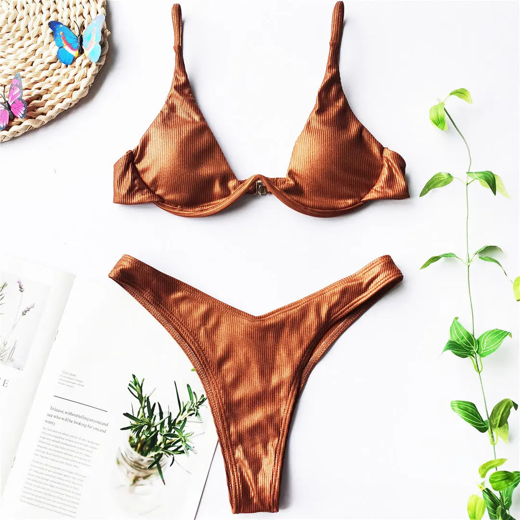 Women’s V‑Bar Underwire Bikini – V‑Shape Wire Two‑Piece Swimsuit S–XL (V439)