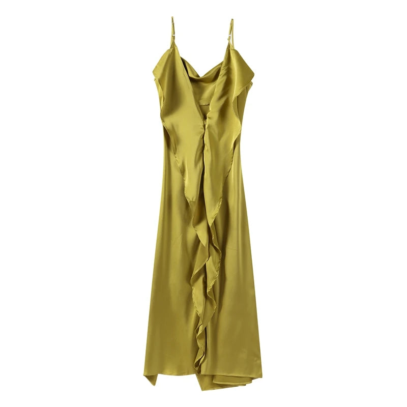 Fashion Satin Ruffles Sling Maxi Dress For Women Elegant Side Split Long Dress 2025 Sexy Backless Sleeveless Club Female Vestido