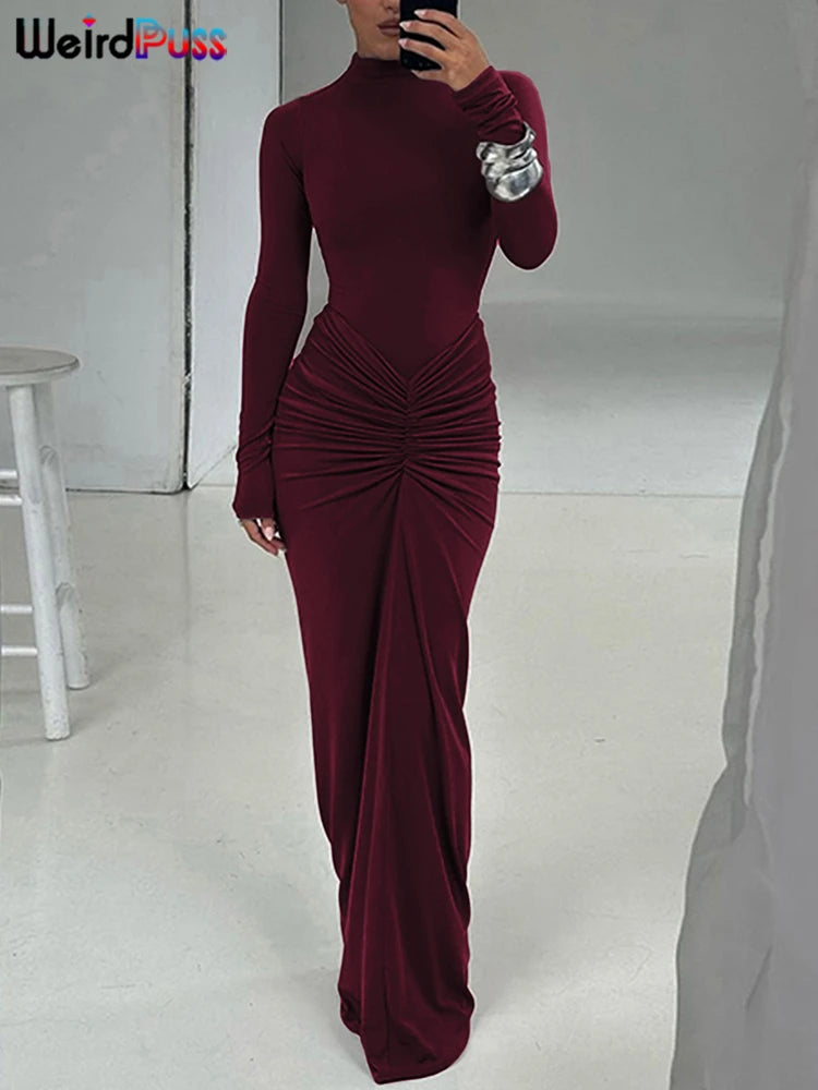 Women’s Ruched Long‑Sleeve Bodycon Dress – O‑Neck Slim Fit Hipster Pleated Autumn Classic