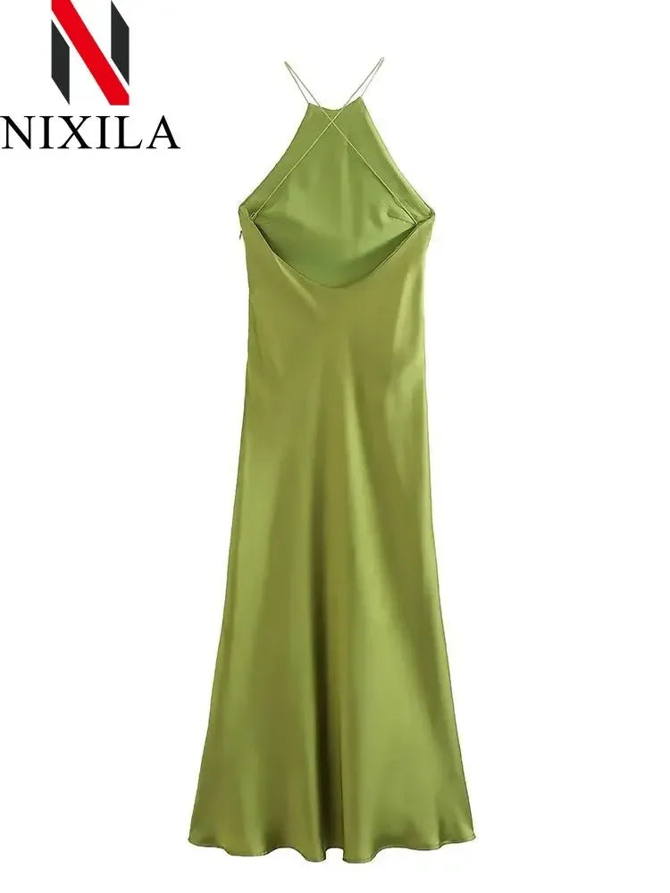 New Spring Summer Women's Maxi Dress Satin Feeling Sleeveless Dress Fashion Style Banquet Sexy Dresses Evening Female Clothing