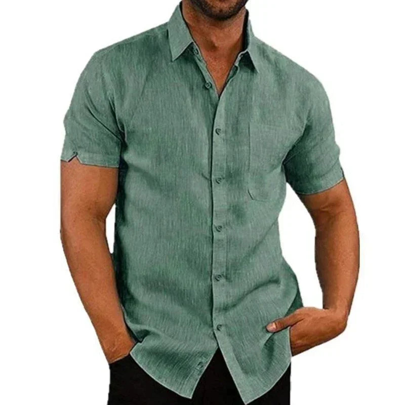 Men’s Cotton‑Linen Summer Shirt – Solid Short‑Sleeve Turn‑Down Collar Casual & Beachwear Top