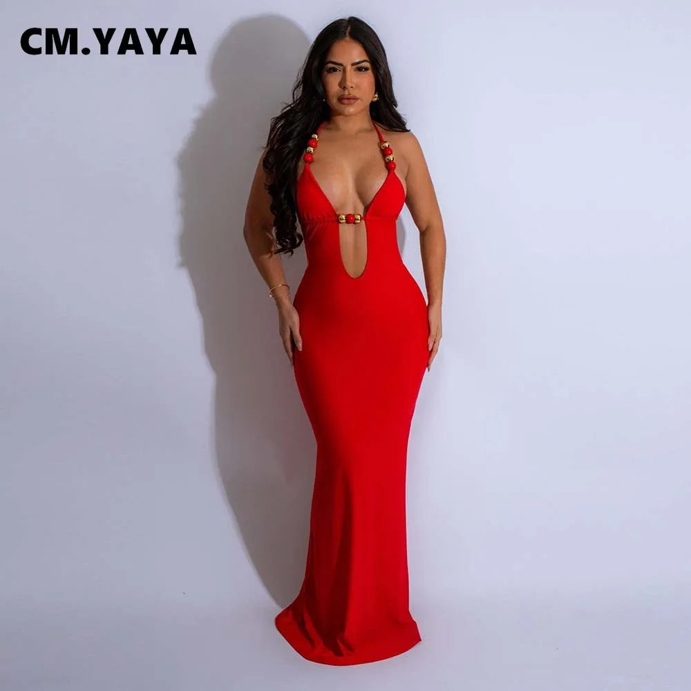 CM.YAYA Women Sleeveless Deep V-neck Halter Long Maxi Dress Summer Backless Beach Sexy Street Evening Night Club Party Dresses