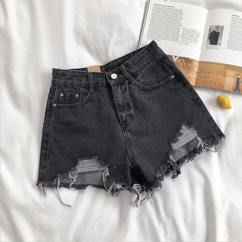 Women’s Korean High‑Waist Ripped Denim Shorts – Y2K Tassel Hot Pants Summer Streetwear (Blue)