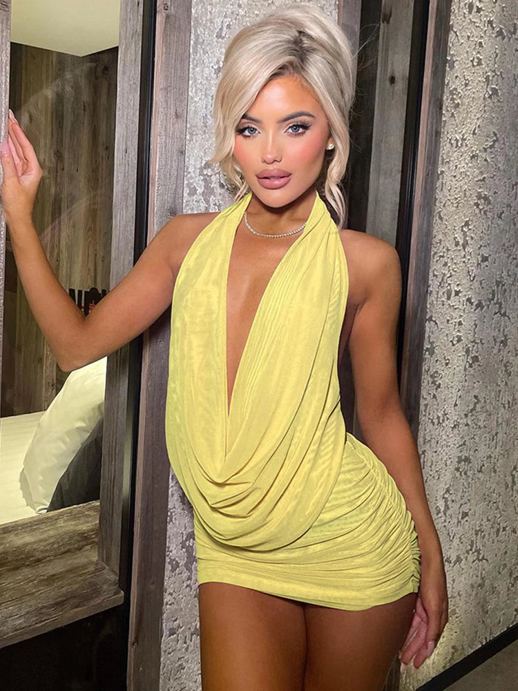 Women’s Mesh Pleated 2‑Piece Set – Halter Backless Top + Shirred Mini Skirt | Summer Chic Co‑ord Outfit