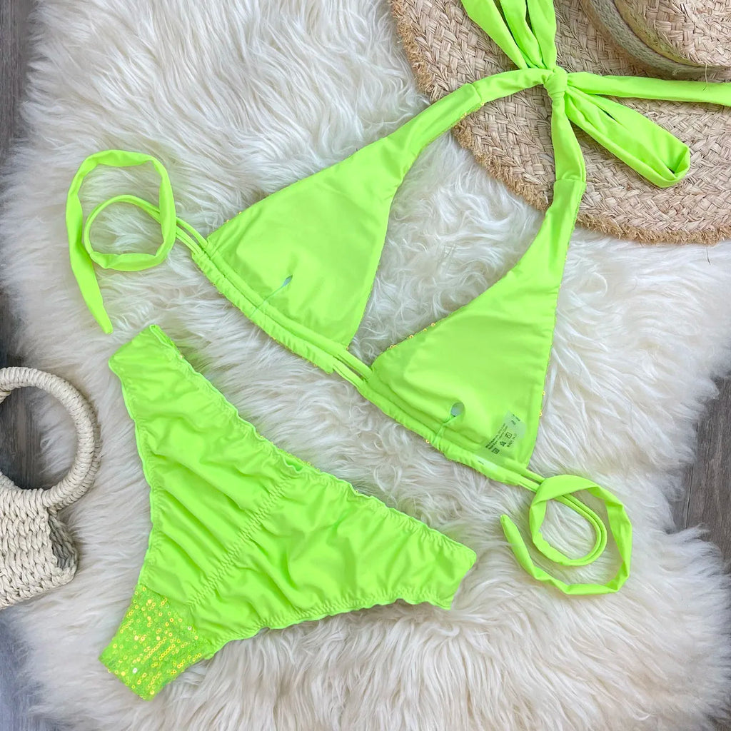 Melphieer Sequins Sparkle Bikini Set — Strappy Bandage Ruching Bum Two‑Piece Swimsuit for Beach, Pool & Holiday Outfits