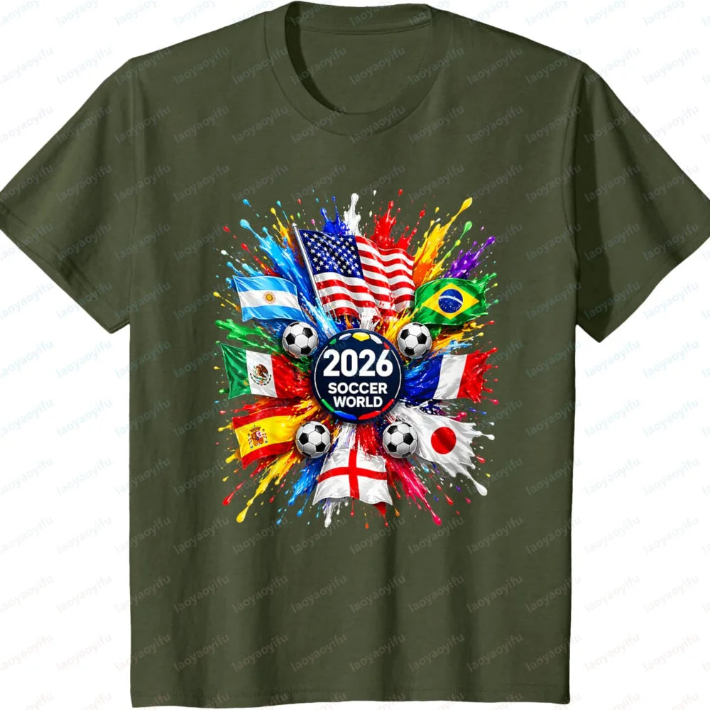 Men’s 2026 Soccer T‑Shirt — World Flag Color Splash Football Print Crew Neck Tee